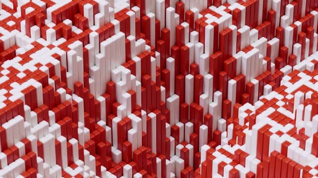 Red and white voxel landscape with raised columns 3D computer graphics video
