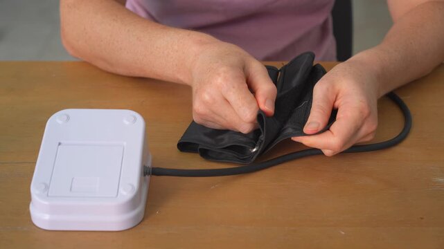 Close up woman putting on blood pressure monitor cuff with clear sound. Measuring arterial pressure at home. Healthcare routine, self check and medical monitoring concept.