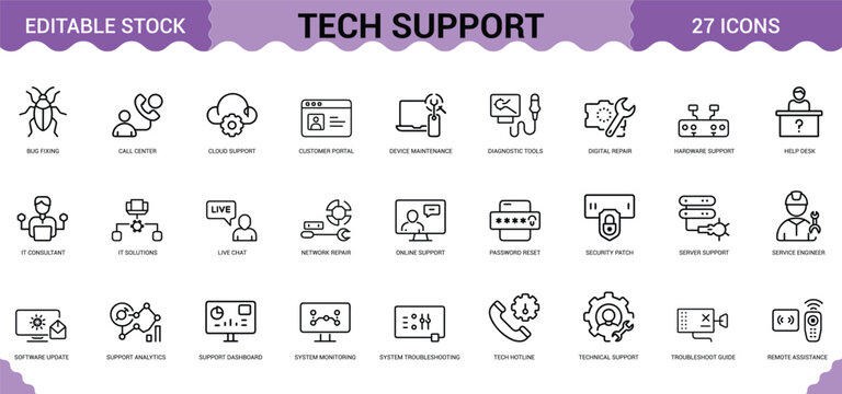 Tech support icons including computer repair online assistance it solutions and network maintenance.