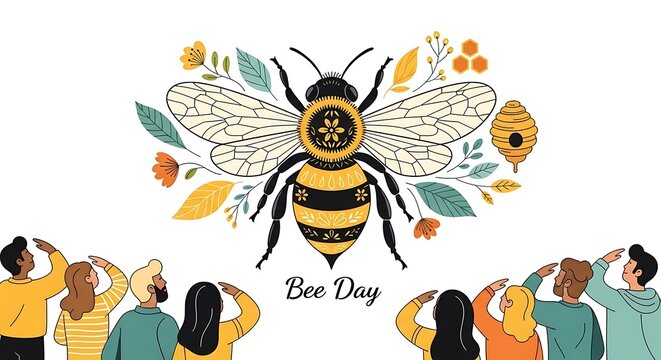 Illustration of people celebrating bee day with large bee graphic