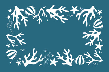 Obraz premium Sea frame. Nautical border. Vector ocean illustration in cartoon style with coral starfish shells on blue color background with empty space