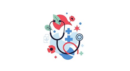 Fototapeta premium Medical illustration featuring stethoscope surrounded by health and wellness symbols
