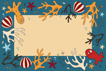 Ocean frame. Cartoon border. Vector sea illustration in funny children style with octopus coral starfish shells on blue color background with copy space © Lyudmyla Serhiienko