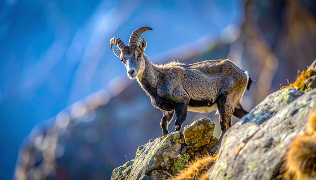 Himalayan blue sheep standing on rocky mountain cliff in natural habitat with clear sky