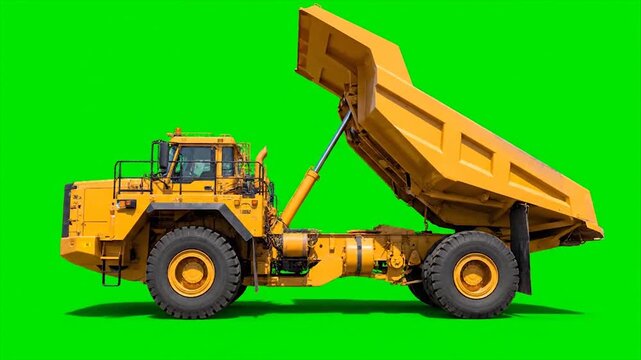 Yellow dump truck on green background, heavy machinery, industrial vehicle