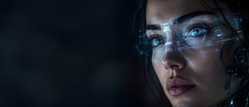 Close up portrait of woman with futuristic digital hologram interface on eyes and face with copy space