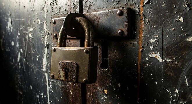 Old rusty padlock securing a weathered metal door.