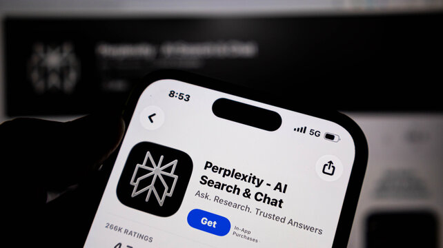 Closeup of a smartphone screen displaying the perplexity ai app store page