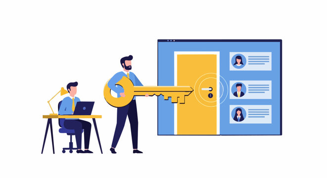 Data Security and Digital Access Illustration: Businessman Holding Large Golden Key to Unlock User Profiles and Interface