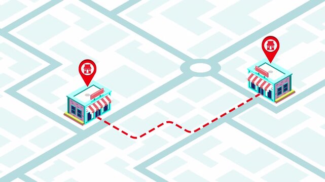 Animated Isometric Route Map with Two Store Locations, GPS Pins and Dashed Path on City Map &ndash; Delivery Tracking Concept