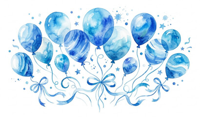 Stylized watercolor party balloons with blue and white greeting vector illustration set © MstLima