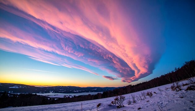 Vibrant Iridescent Nacreous Clouds at Twilight Over Snowy Mountain Landscape