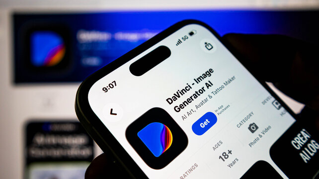 Closeup of a smartphone screen displaying the davinci image generator ai app page on the apple app store