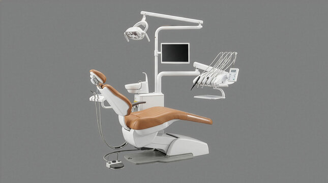 Modern light brown dental chair unit isolated on grey background,