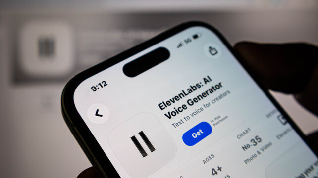 Closeup of a smartphone screen displaying the elevenlabs ai voice generator app in the apple app store, showcasing mobile technology and artificial intelligence software