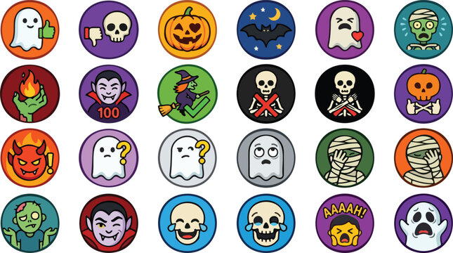 Twenty Four Halloween Emoji Circle Icon Set Ghost Skull Zombie Vampire Flat Vector
