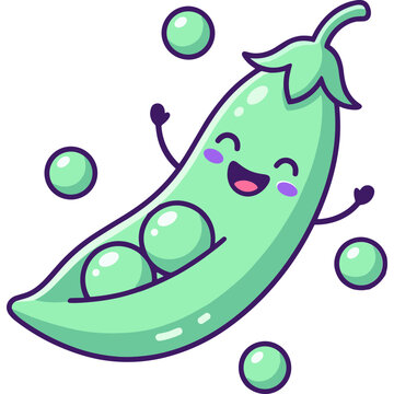 A smiling cartoon pea pod with peas and leaves dancing happily outdoors