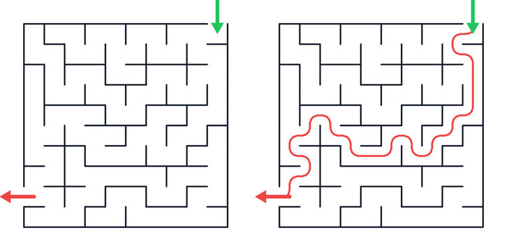 10*10 Maze puzzle with solved path highlighted in red for Children