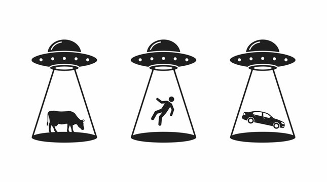 set of simple black and white icons depicting UFOs capturing a cow, a person, and a car with their beams, conveying a sense of science fiction and humor.