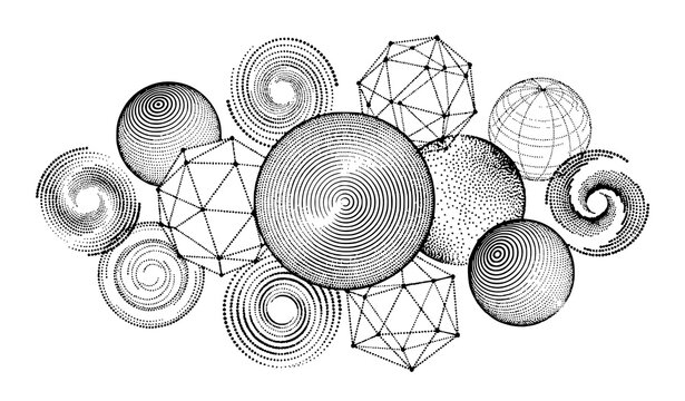 Abstract geometric composition with spheres spirals and polyhedra