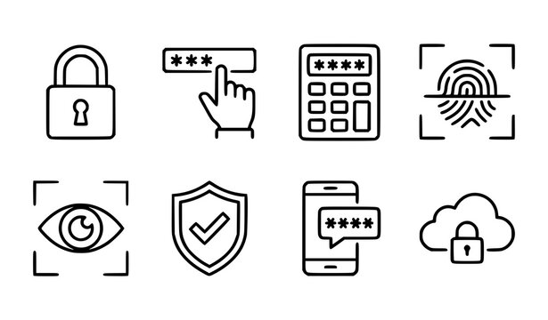 Cybersecurity icons set padlock fingerprint password protection and data security