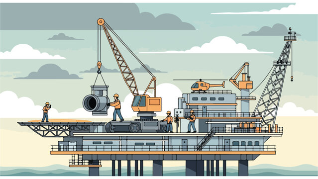 Offshore oil rig platform in the ocean with cranes and workers