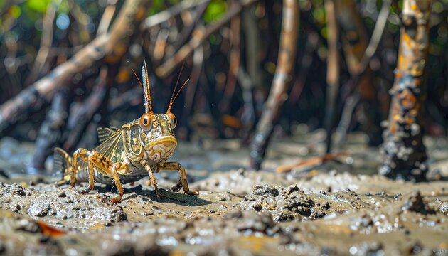 Mudskipper fish raising dorsal fin on muddy mangrove flat in natural habitat close-up