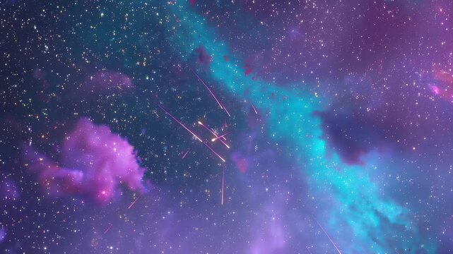 Countless shooting stars move across a vibrant night sky filled with colorful clouds and bright cosmic elements during an evening display of nature