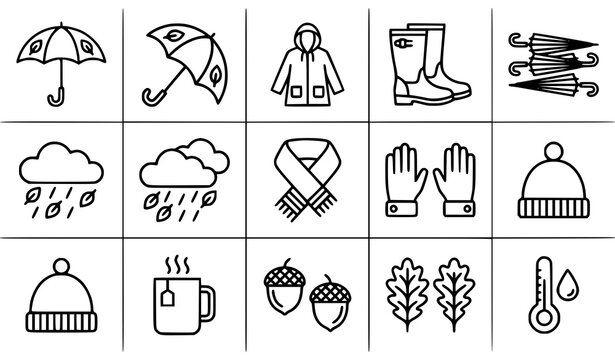 Autumn weather icons set line art illustration for seasonal designs
