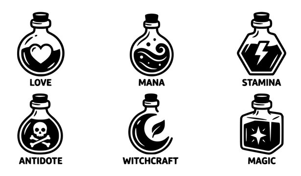 Potion bottle icons set love mana stamina antidote witchcraft magic