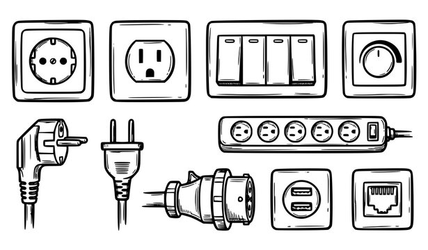 Electrical outlets and plugs illustration set