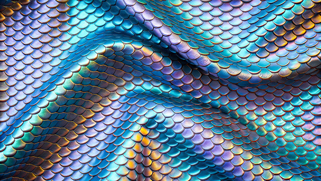 Vibrant iridescent mermaid tail scales, shiny blue and purple scaly