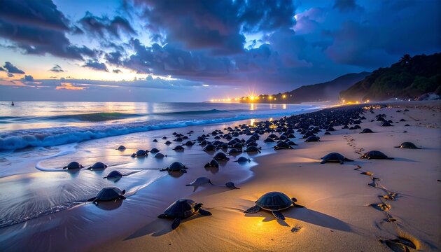Sea turtle nesting on tropical beach at sunrise with dramatic sky and ocean waves
