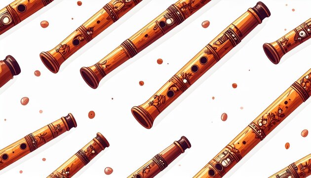 Traditional Slovak Fujara Flutes Arranged in Seamless Pattern on White Background