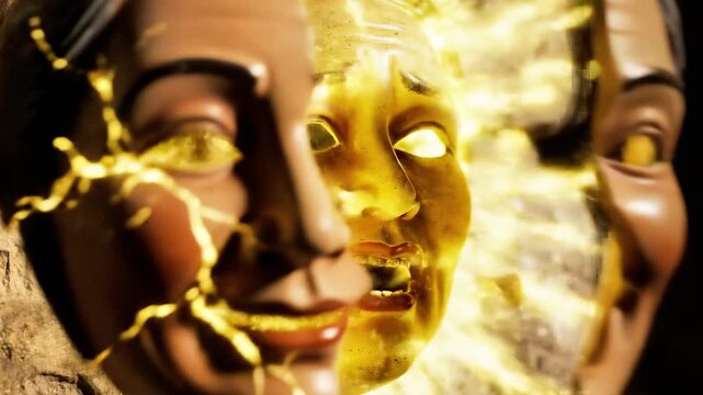A close-up of a human head sculpture with lightning emanating from its face