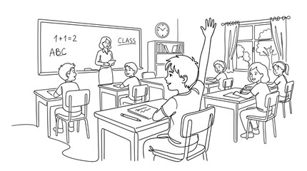 Obraz premium A classroom scene with students listening to their teacher.