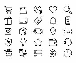 Fototapeta premium Set of 25 black line icons for e-commerce, online shopping, delivery, and customer service, representing various digital retail functions.
