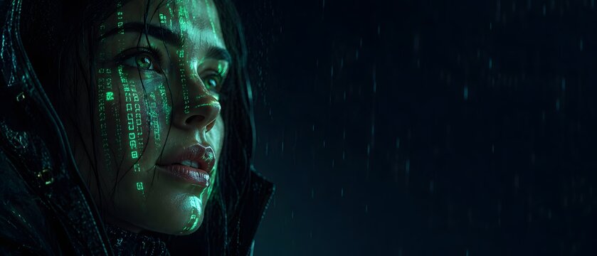 Cyberpunk woman with green digital matrix code projection on face standing in rain at night with copy space