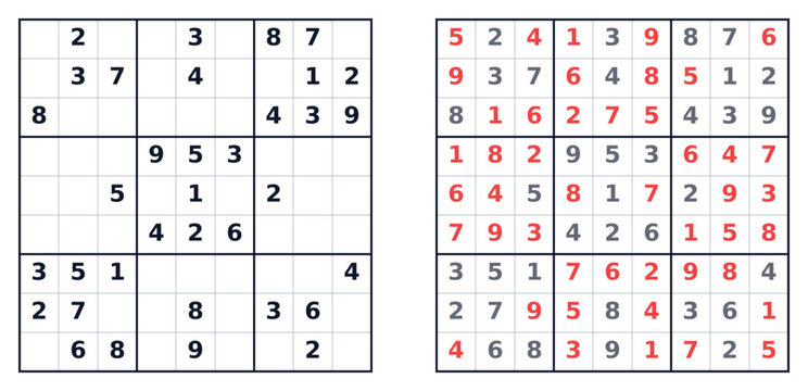 Sudoku puzzles with numbers filled and empty grids on display  