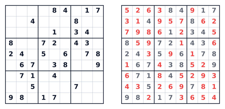 Sudoku puzzles with numbers filled and empty grids on display  
