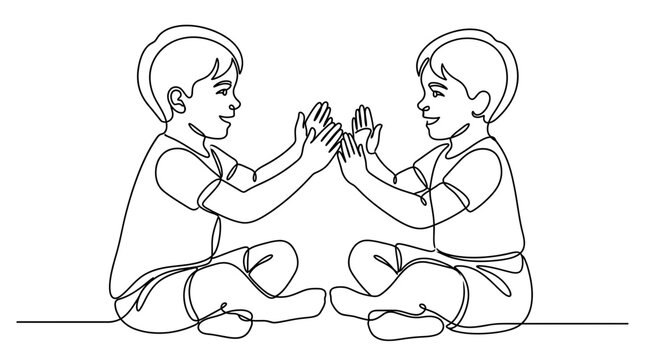 Continuous one line drawing of two happy little boys playing patty cake.