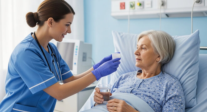 A caring nurse holds a pill to an elderly patient in a hospital bed, offering assistance with medication and providing comfort during recovery