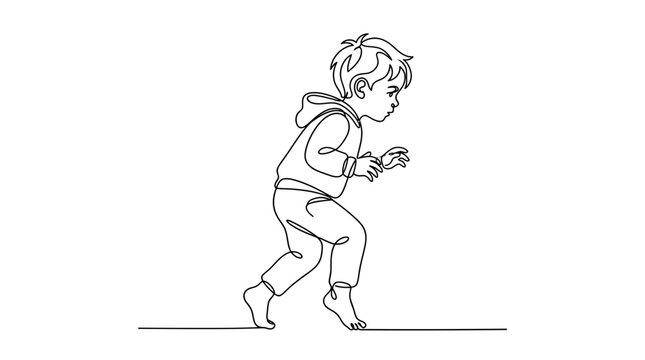 Continuous line drawing of a little boy walking sneakily.