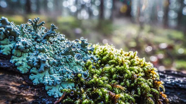 Close-up of dew-covered blue-green lichen and vibrant green moss growing on a textured tree branch, sunlight filtering through a misty forest background with soft bokeh.