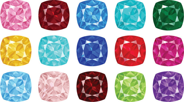 Colorful Cushion Cut Gemstone and Birthstone Vector Icon Set Isolated on White Background for Jewelry, Luxury, Fashion, and Game Asset Designs