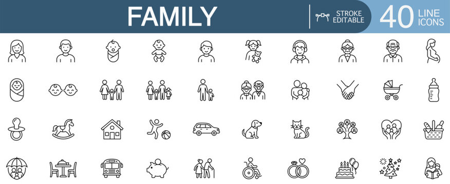 Family and lifestyle line icon set. Vector collection of parents, children, grandparents, pets, and household symbols for application design.