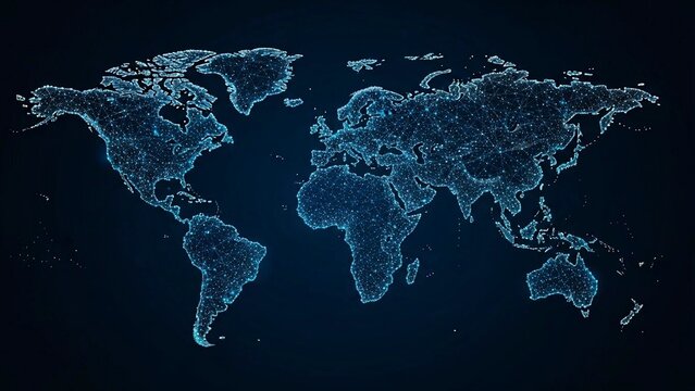 Digital world map visualization featuring glowing blue network nodes and interconnected lines representing global connectivity and data flow in a modern abstract dark tech