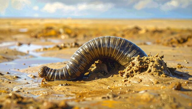Lugworm coiled in muddy burrow opening on intertidal sandflat close-up macro shot