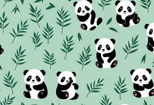 Seamless pattern with cute pandas and bamboo leaves on a mint green background