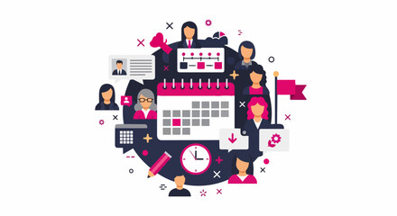 Naklejka premium Business Project Management and Team Collaboration Concept Illustration with Diverse Corporate People, Calendar, Timeline, and Productivity Icons in Flat Design Style
